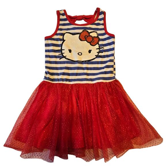 Girl's Sz 4/5 HELLO KITTY Blue White Stripe Sleeveless Red Tulle Sparkle Dress - Picture 1 of 5